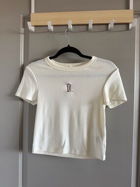 Cream Short Sleeve Women's Baby Tee with Embroidered Pink Cowboy Boot